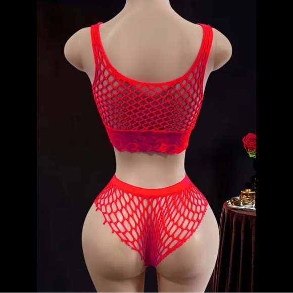 Red, Fishnet, Lingerie Set - Picture 2 of 6